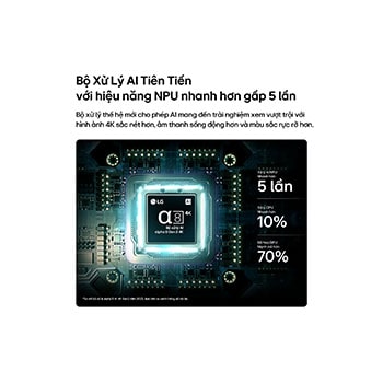 LG OLED AI B6’s alpha 8 AI Processor 4K Gen3 glows in blue light on a circuit board, highlighting AI processing performance with NPU up to x5.0 faster, CPU 10% faster processing, and 20% larger memory capacity.